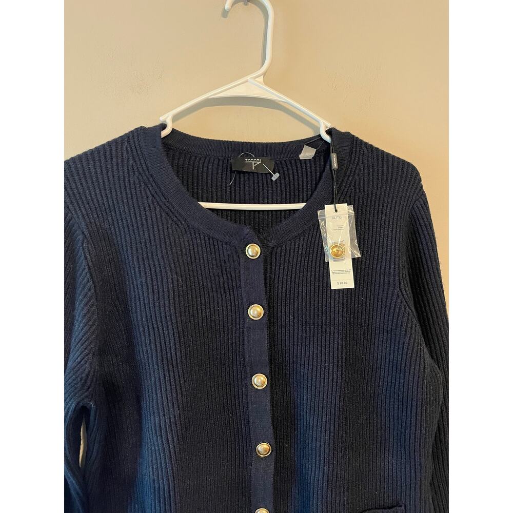 T Tahari Chunky Knit Navy Blue Cardigan Sweater Academia Preppy Nautical Size XL - Picture 2 of 7